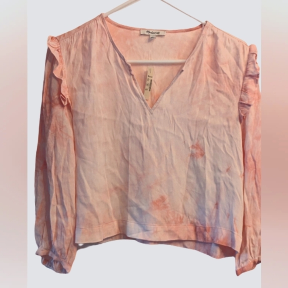 NWT Madewell pink and white tie dye ruffle shoulder long sleeve v neck b…